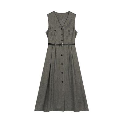 LILY通勤收腰复古无袖马甲连衣裙