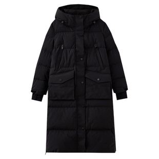 水云间黑色长款过膝鹅绒服女连帽羽绒服防风保暖面包服厚2026新款