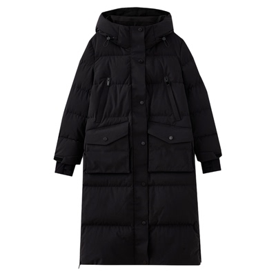 水云间黑色长款过膝鹅绒服女连帽羽绒服防风保暖面包服厚2026新款