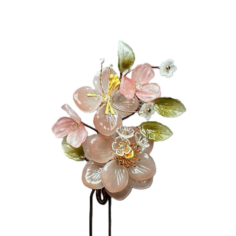 藕粉杏花琉璃发簪合金发钗新中式