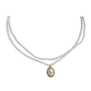 法式气质甜美珍珠项链时尚个性新潮双层颈链椭圆形吊坠锁骨链1310