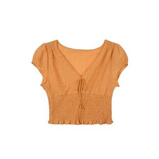 LLANO复古V领收腰打揽短袖上衣短款法式公主灯笼袖衬衣上衣女夏秋