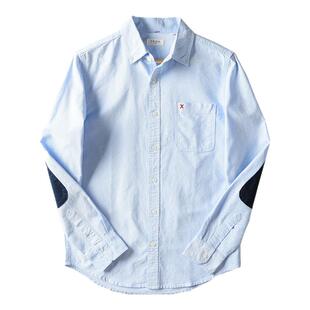 修身有型纯棉牛津纺衬衫男个性时尚衬衣肘部补丁长袖纯色休闲上衣