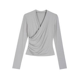 MULVAN 气质拉满 交叉v领长袖t恤女内搭打底衫修身收腰针织上衣