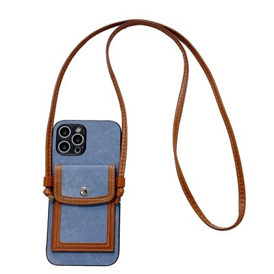 简约蓝色牛仔卡包挂绳防摔手机壳