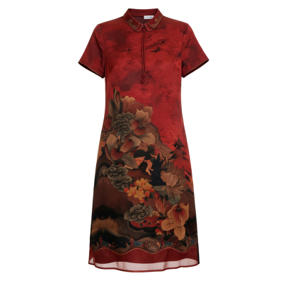 香薇姿高端桑蚕丝红色复古连衣裙