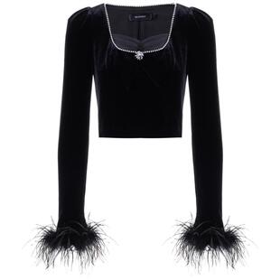 MAXRIENY复古率性鸵鸟毛拼接丝绒上衣打底衫