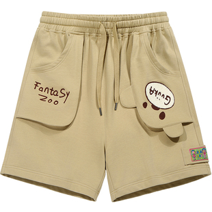 GUUKA潮牌卡其色立体小熊重磅纯棉短裤男夏 刺绣五分裤子宽松中裤