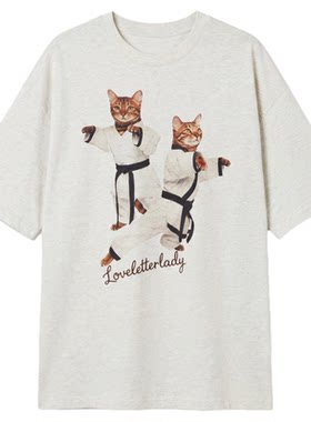 周里物空花灰猫咪印花短袖T恤女