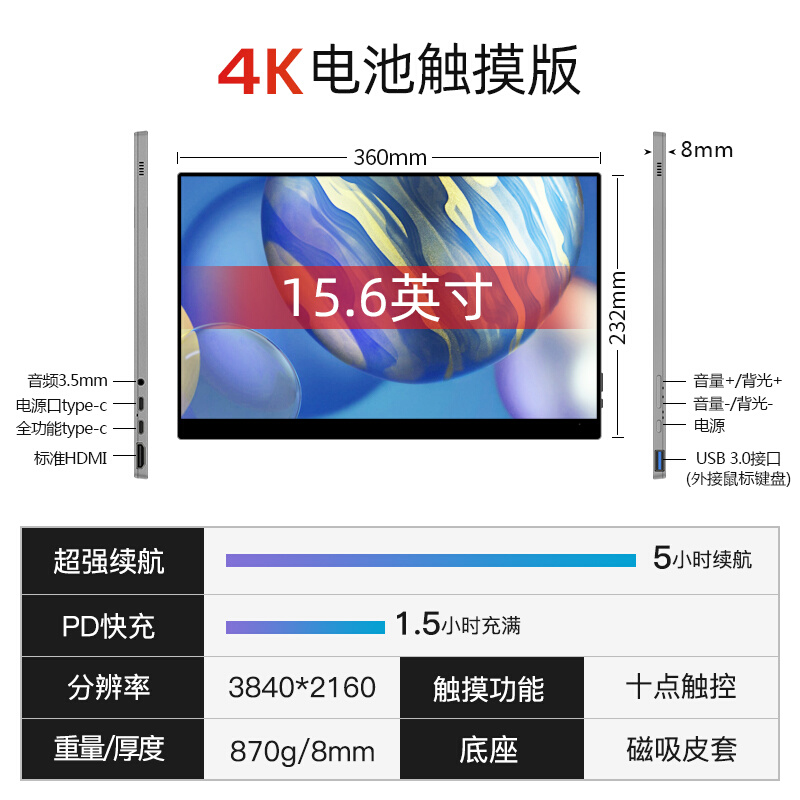 1辰思便携显示器4k触摸屏ptd快充外续航电接显示屏switch长池屏6-封面