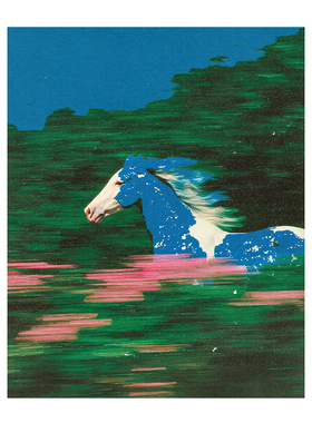 无框画Peccinetti模糊胶片颗粒风格超现实蓝白花马客厅装饰画挂画