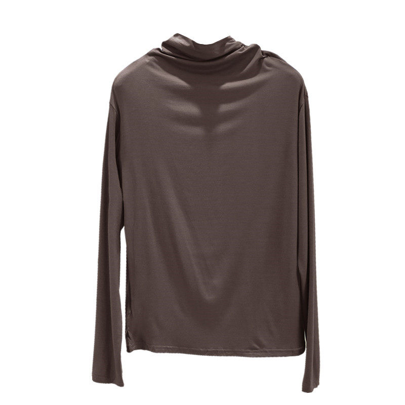 莫代尔半高领打底衫女春秋薄款长袖T恤堆堆领纯色内搭百搭黑色春