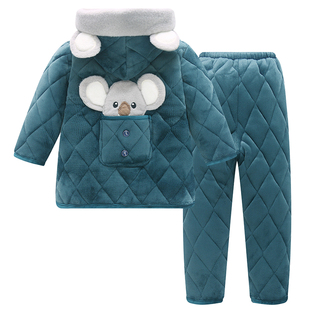 儿童睡衣冬天男童加绒加厚三层夹棉法兰绒女孩中大童家居服套装