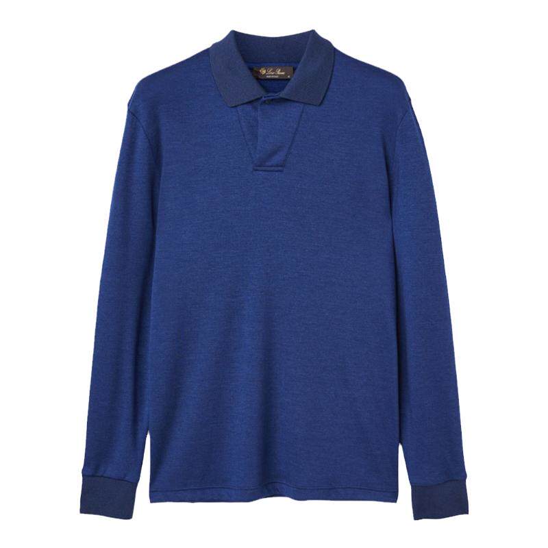 Loro Piana/诺悠翩雅男装羊绒和丝绸长袖马球领蓝色polo衫