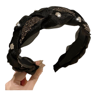 新款网纱麻花编织头箍宽边女超仙夏季甜美水钻发箍高级感黑色发卡