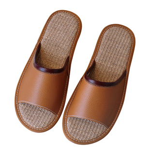 夏季牛皮亚麻真皮拖鞋居家男女室内软底防滑静音吸汗家用凉拖情侣