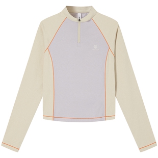 探拓户外半开衫立领长袖吸湿速干T恤女防晒修身拼色短款运动上衣