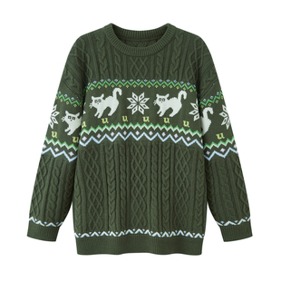 YUZI鱼子复古橄榄绿费尔岛针织毛衣慵懒氛围感宽松针织衫大码女装