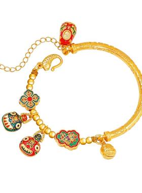 吞金兽一家三口手链女古法烧蓝珐琅半镯手串招财转运沙金手镯手饰