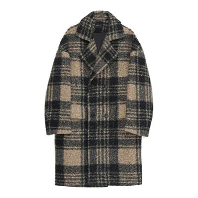 宽松双排扣中长款格子毛呢大衣
