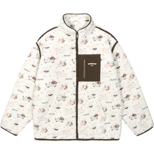 GUUKA潮牌斑点腊肠狗羊羔绒棉服男 爱心刺绣立领棉衣冬季正肩外套