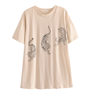 欧美ins复古三只老虎前后印花短袖t恤女休闲百搭宽松套头上衣夏酷