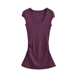 YoungGirlDay纯欲辣妹性感U领修身褶皱收腰短袖A字包臀连衣裙短裙