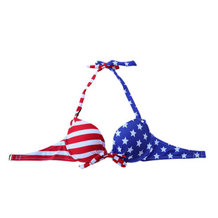 性感比基尼带钢托红条蓝星印花泳衣抹胸聚拢泳装女裹胸带胸垫弹性