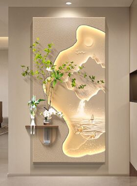 流水生财入户对门挂画玄关装饰画造景客厅走廊过道壁画灯2026新款