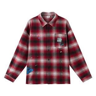 三福2025冬季男士潮流贴标格纹长衬衫 下摆猫须宽松上衣511796