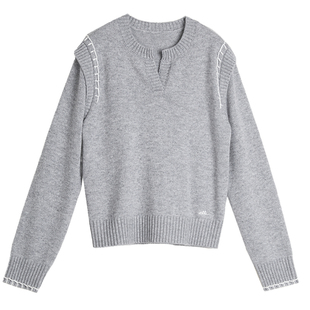 【自营】ELLE灰色格雷系软糯正肩毛衣女2024冬季新款毛针织衫羊毛