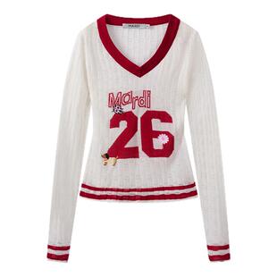 MARDI学院风长袖V领针织衫女撞色边数字时尚套头毛衣辣妹风女装