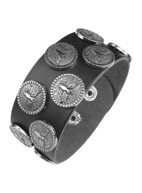 冷淡风银色飞鹰合金圆盘徽章黑色个性朋克二层皮手链手镯饰品手环
