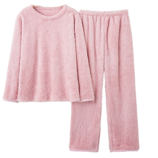 珊瑚绒睡衣女春秋冬季加绒加厚保暖长毛绒大码圆领套头家居服套装