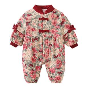 中式婴儿衣服秋冬装百天宴女宝宝周岁礼服新生儿加绒连体衣拜年服