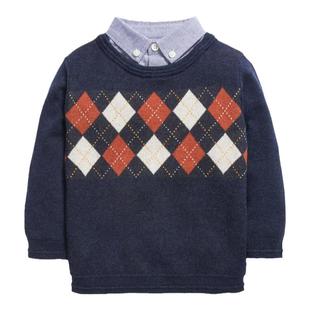 现货英国next童装正品男童宝秋冬海军蓝菱形假两件针织衫套头毛衣