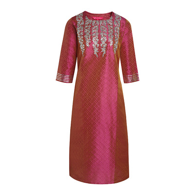 印度异域风情传统服装女宽松圆领中长款休闲提花舞蹈刺绣上衣橘红