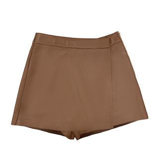 茉萱进口绵羊皮百搭裙裤假两件高腰半身a字短裙真皮阔腿短裤时尚