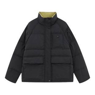 Basic House/百家好立领90白鸭绒撞色羽绒服女保暖短款面包服外套