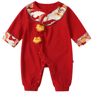 婴儿衣服红色秋季新生儿斜襟连体衣满月女宝宝百天女孩百日宴春秋