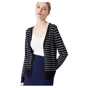 2025春季新款黑白条纹休闲宽松慵懒感长袖针织开衫薄款羊毛外套女