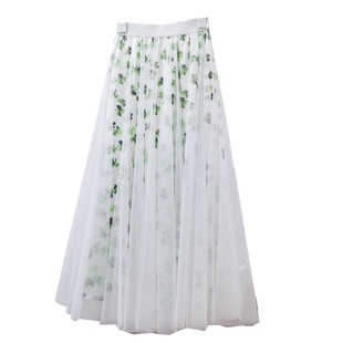 四叶草绿花长裙复古撞色碎花半身裙女a字垂感高腰显瘦白纱裙