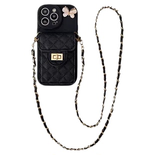 菱格小香风蝴蝶卡包适用iphone14promax苹果15手机壳13可背带12斜挎挂绳简约轻奢女款14PM小众高级感15promax