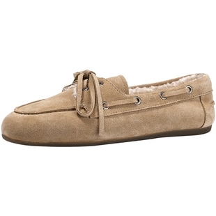 BellaLily2025冬季新款通勤舒适乐福鞋加绒保暖一脚蹬牛皮软底鞋