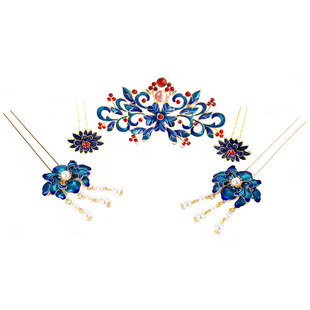 明制头饰套装景泰蓝步摇发簪烧蓝发冠女汉服发饰古风发钗配饰全套