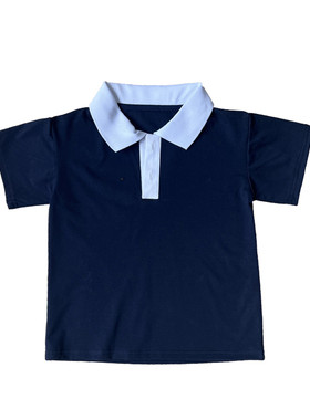 纯白领口藏蓝校服短袖上衣