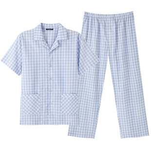 三枪睡衣男薄款春夏格子宽松100%梭织棉短袖长裤全棉男家居服套装