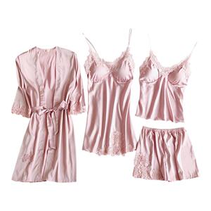 睡衣夏季薄款冰丝四件套女带胸垫性感吊带短裤套装丝绸睡袍家居服