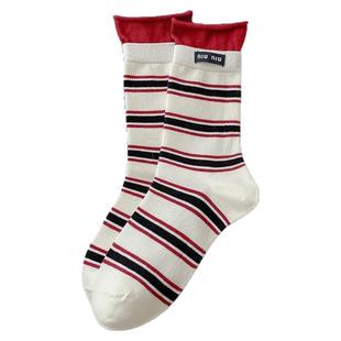 洞洞妖 双罗口条纹字母布标袜子女秋冬时尚网红INS潮流miu系小腿