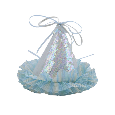 蓝色人鱼亮片蝴蝶结丝带生日帽发夹少女法式生日头饰帽子发饰道具